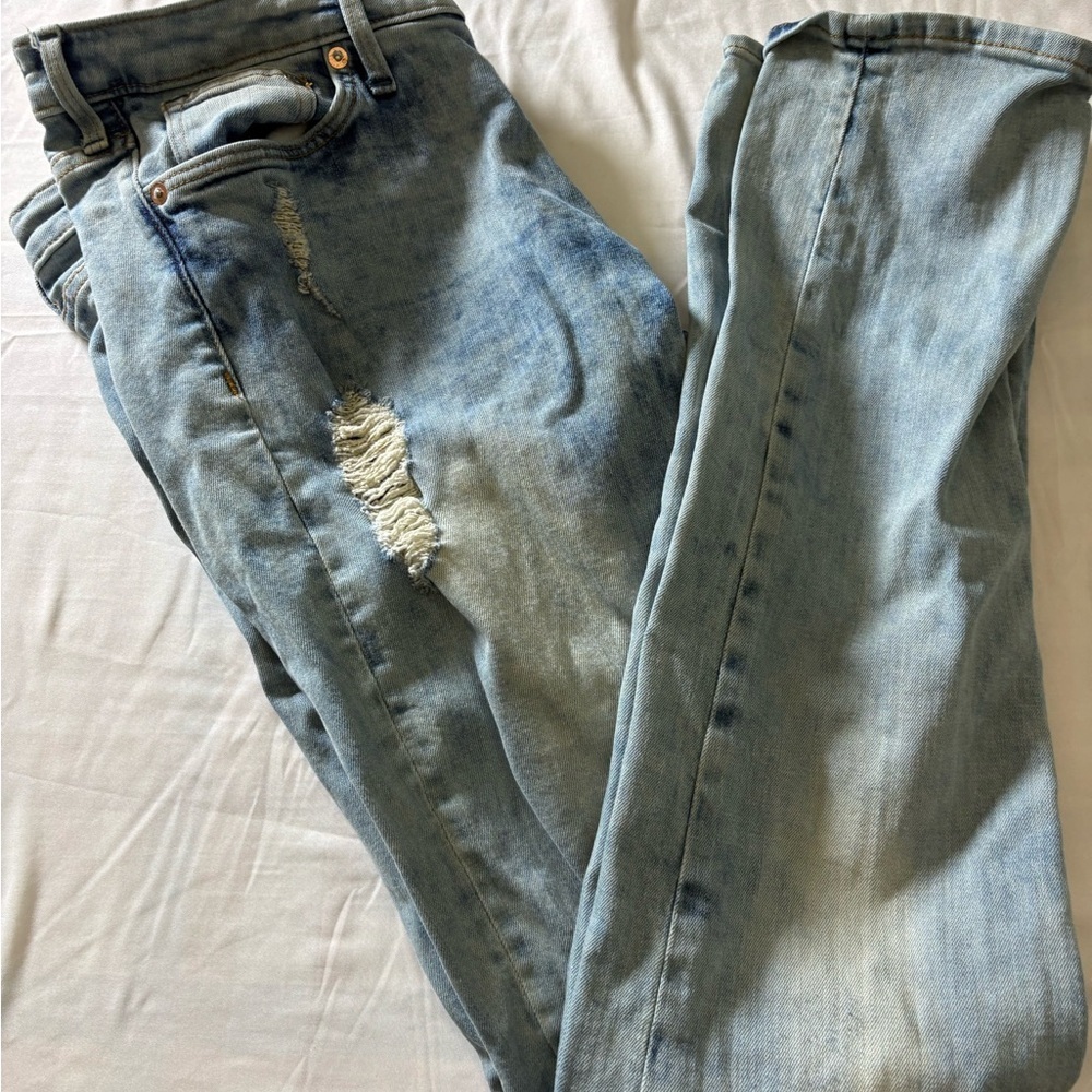 &Denim Skinny Low Waist Jeans Mens 34x32 Distressed Light Wash - Picture 2 of 13